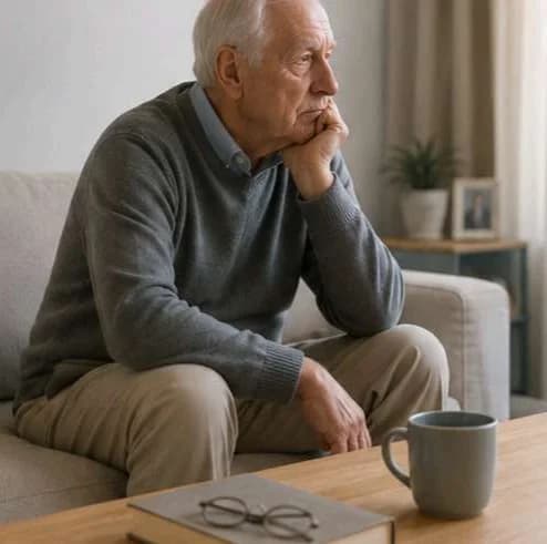 Älterer Mann sitzt nachdenklich auf dem Sofa